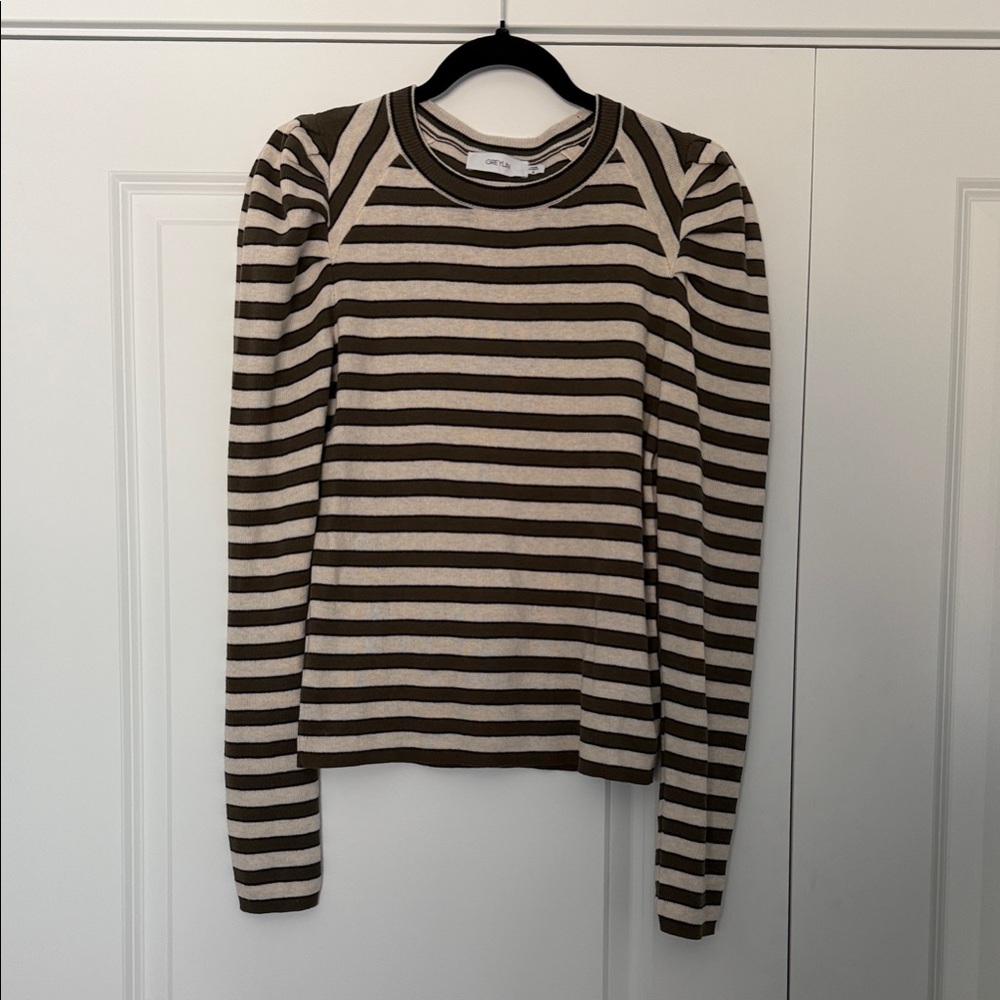 Greylin Olive & Cream Striped Puff-Shoulder Long Sleeve Sweater